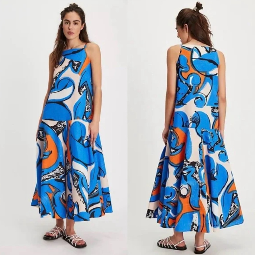 Nwt Marimekko Antra Eldfamn Printed Maxi Dress Size 32 Reg $510 Pockets!